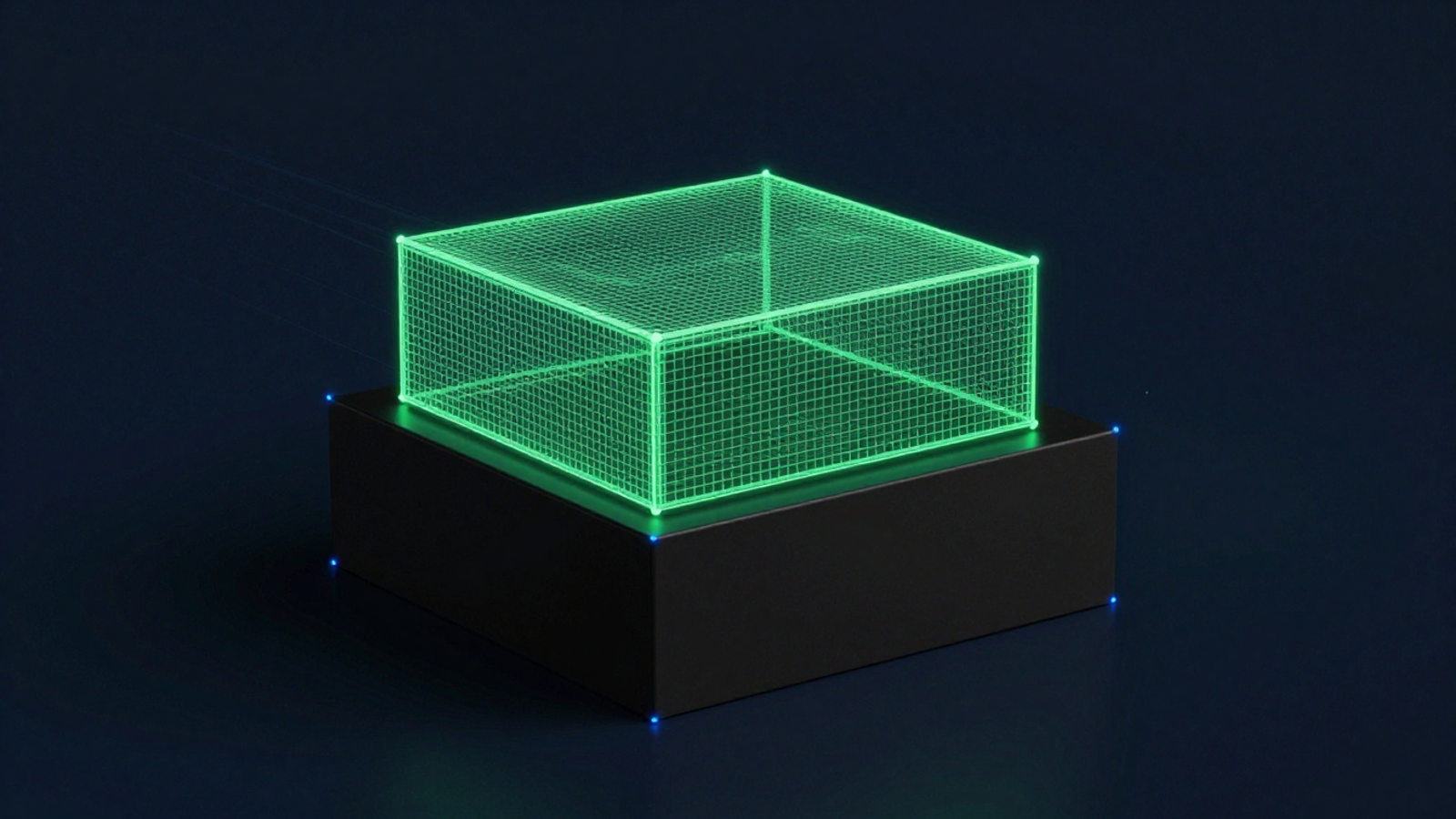Stylized illustration: a glowing green wireframe volume converging into exact alignment with a solid dark volume of the same shape.