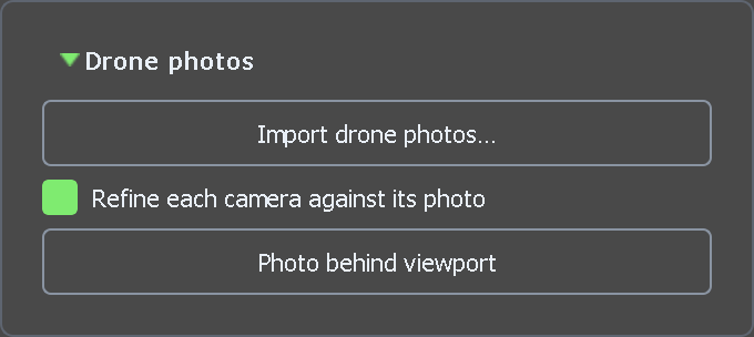 The Drone photos group of the ValTerra panel: the Import drone photos… button, the ticked Refine each camera against its photo checkbox and the Photo behind viewport button.