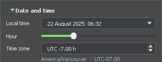 The Date and time group of ValTerra's Photo studio, with Local time set to 22 August 2025, 06:32 and the time zone filled in.