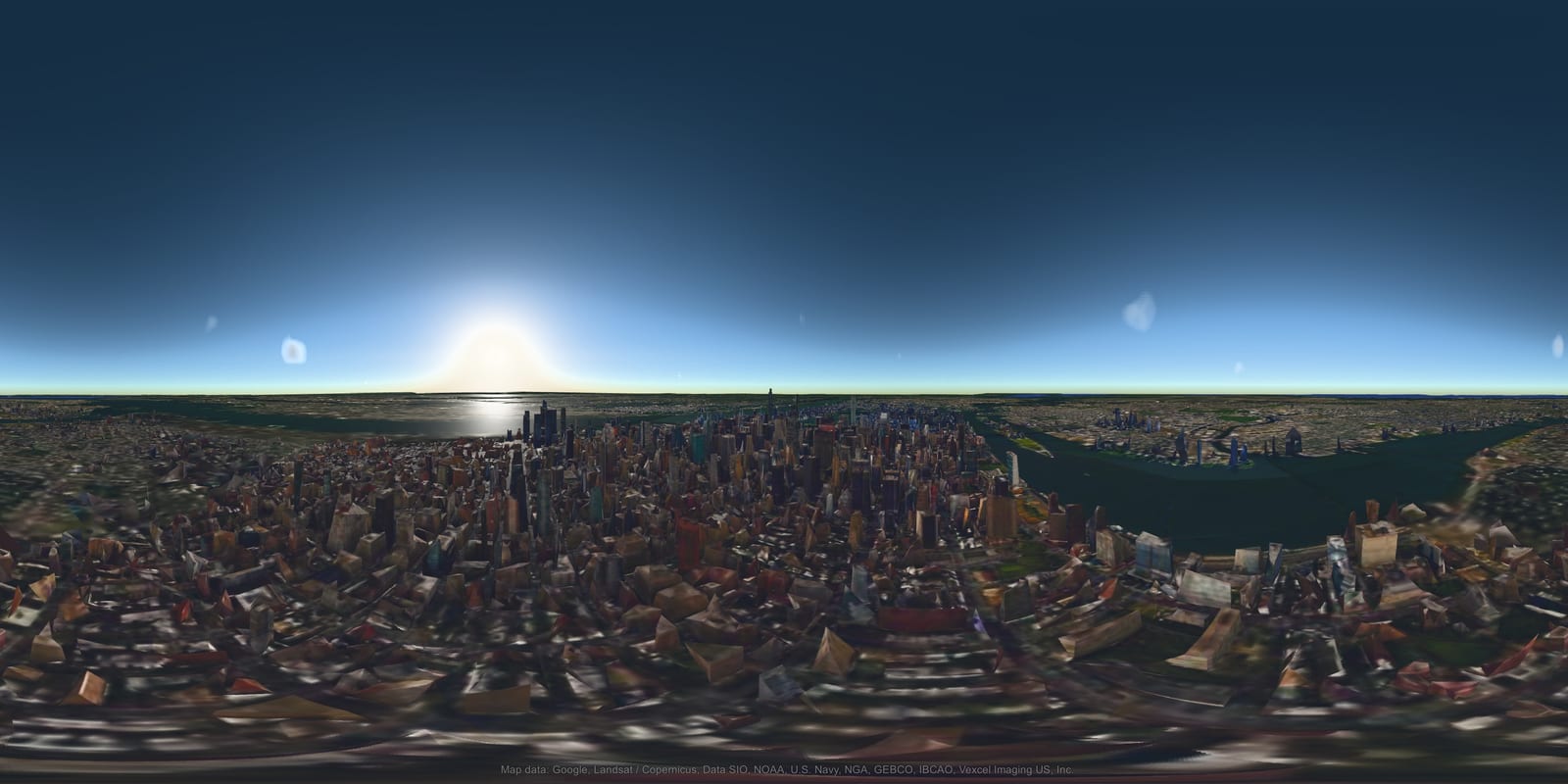 A 360-degree equirectangular panorama of Manhattan at golden hour, exported from Photo Studio: the full horizon stretched into a single 2:1 frame, with the map-data credit carried at the nadir.