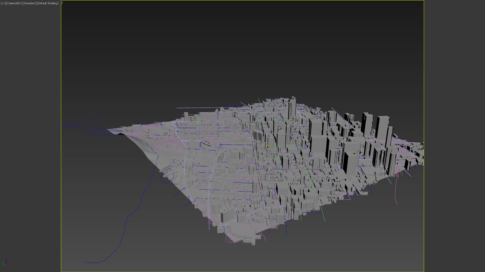 Schematic building volumes and road splines from OpenStreetMap, draped over open elevation terrain in the 3ds Max viewport.