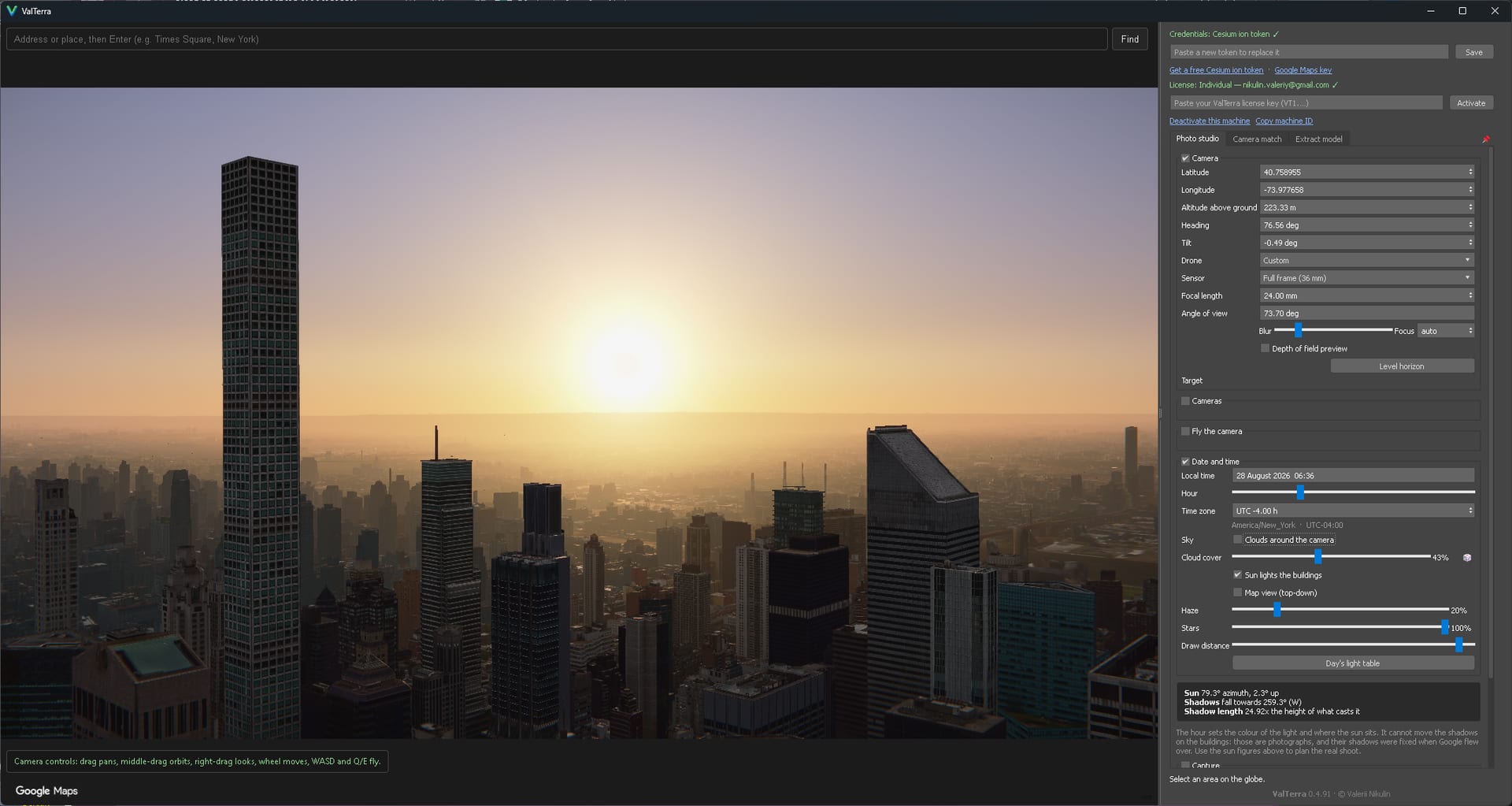 The ValTerra panel over Midtown Manhattan at 6:36 in the morning: the sun sits just above the haze, and the readout below gives its azimuth, the direction shadows fall and how long they are.
