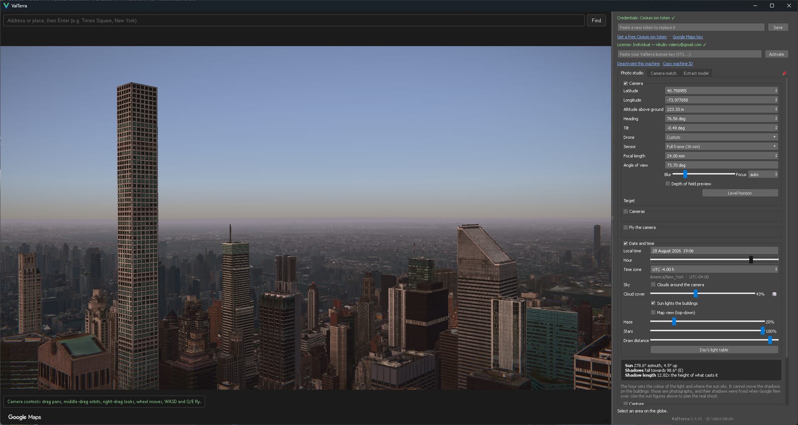 The same Midtown view at 7:06 in the evening, with the sun low in the west and long shadows running east between the avenues.