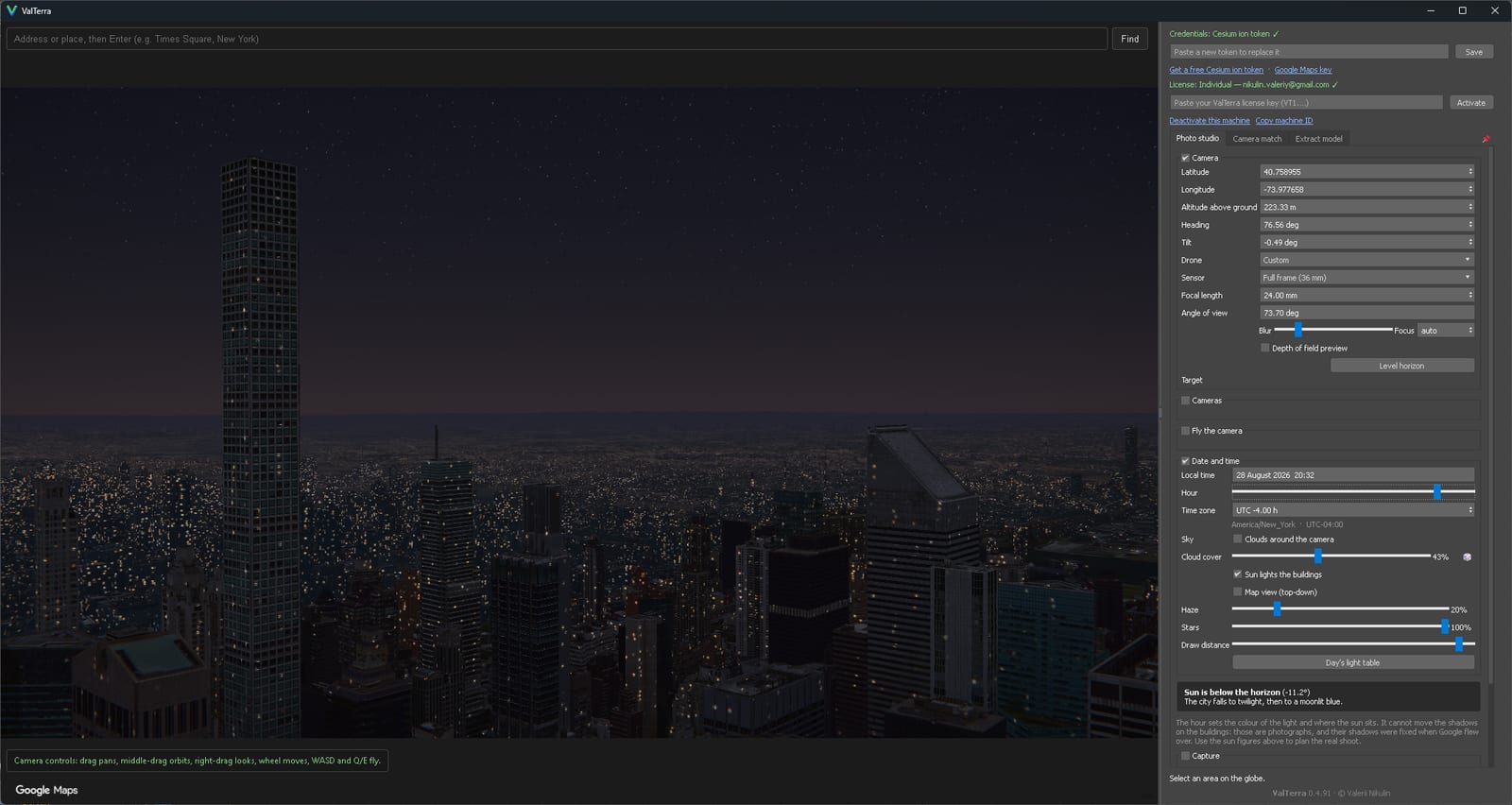 The same view at 8:32 at night: stars overhead, the skyline picked out entirely by lit windows.