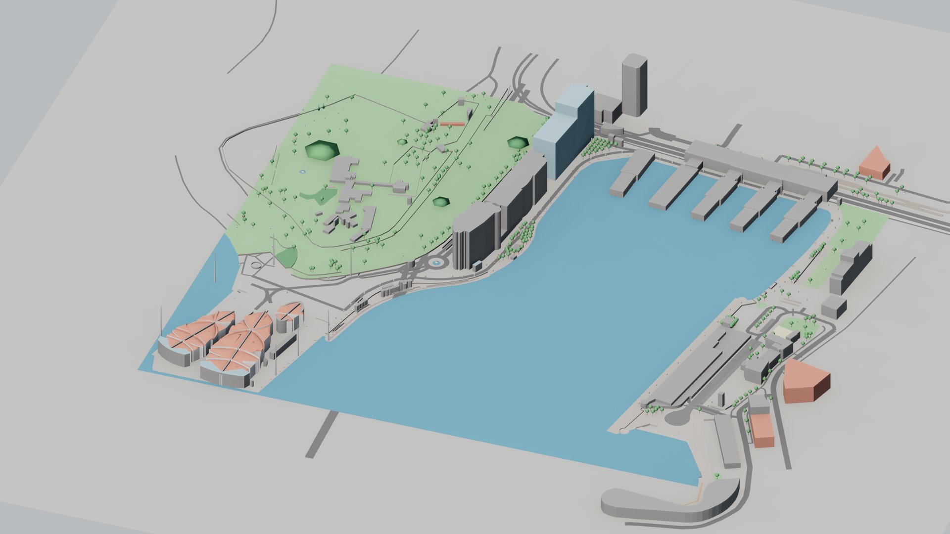 Axonometric view of Sydney's Circular Quay built from OpenStreetMap: the harbour, the Opera House, the Botanic Garden and the ferry wharves.