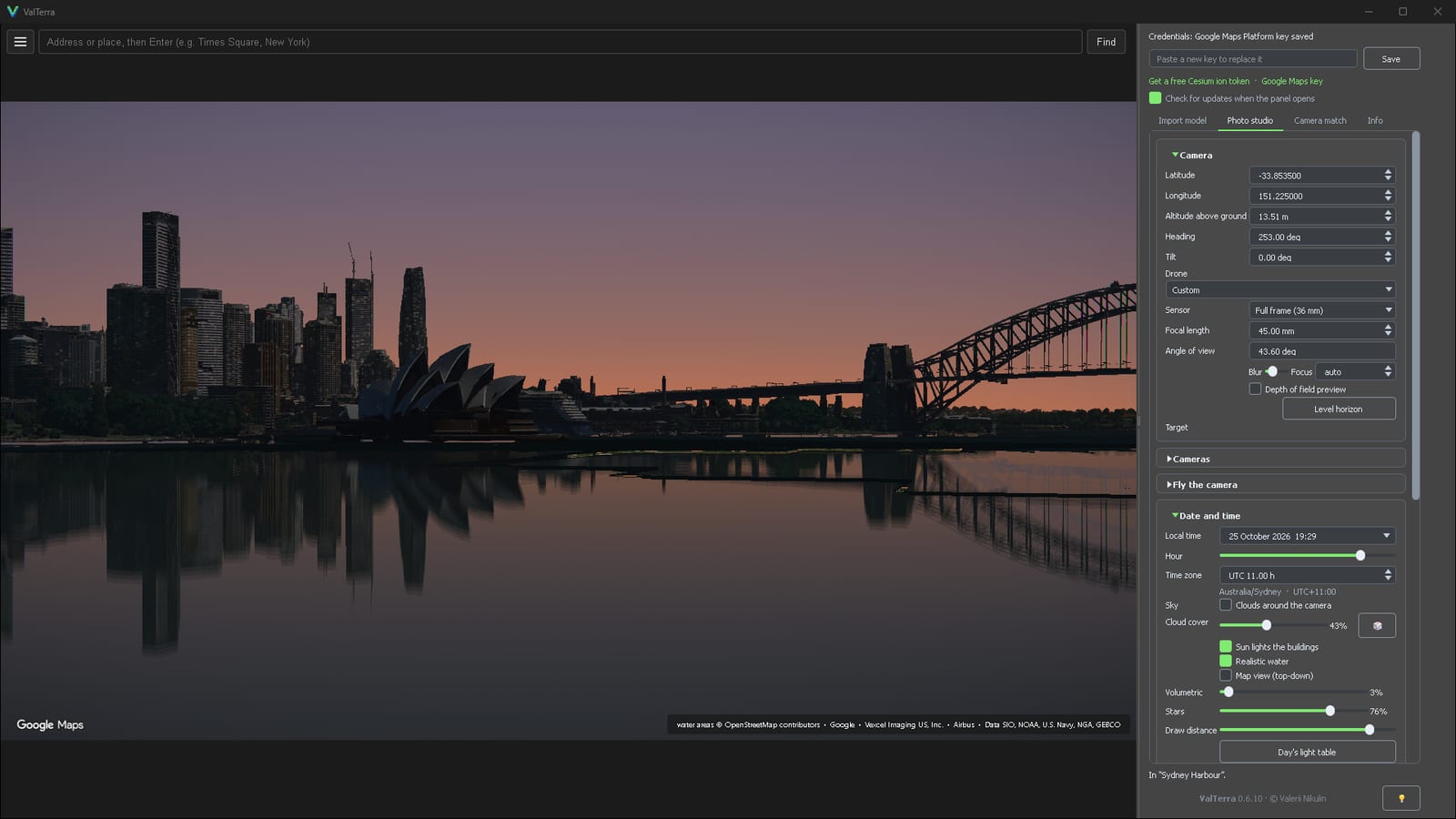 Blue hour at 19:29, low over the water north of Fort Denison: the Opera House, the city towers and the bridge against the afterglow, reflected in the harbour.