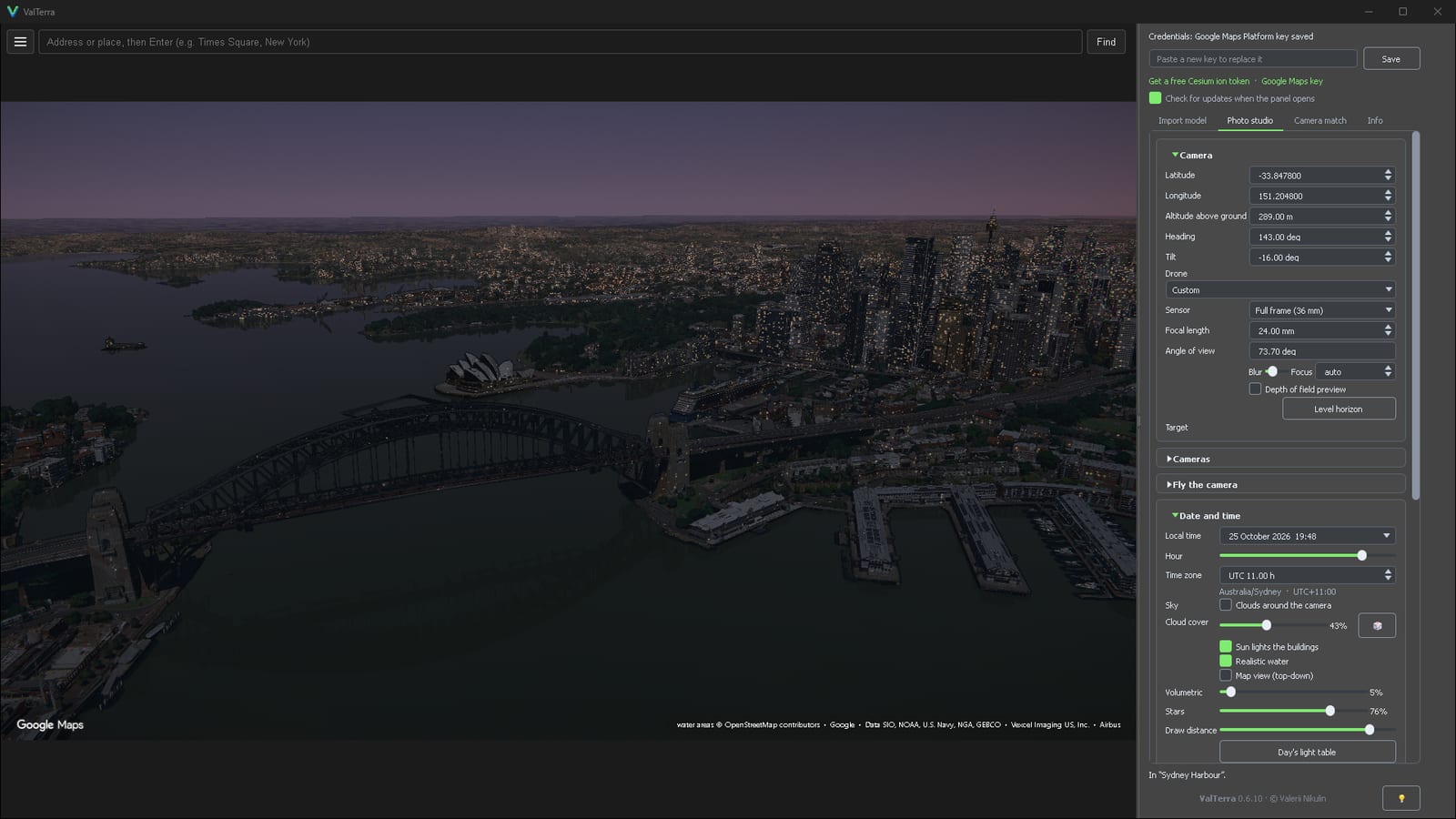 Night from a high point over Lavender Bay at 19:48: the Harbour Bridge across the frame, the Opera House beyond it and the lit city on the right.